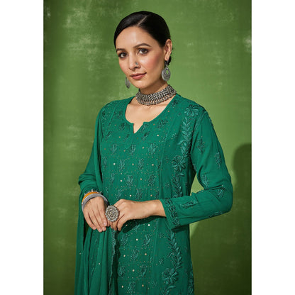 House of Chikankari Green Aruba Chikankari Georgette Straight Palazzo with Dupatta (Set of 4)