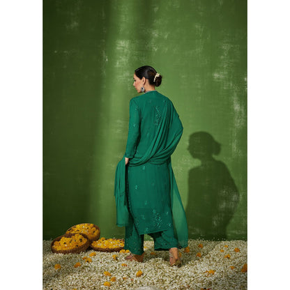 House of Chikankari Green Aruba Chikankari Georgette Straight Palazzo with Dupatta (Set of 4)