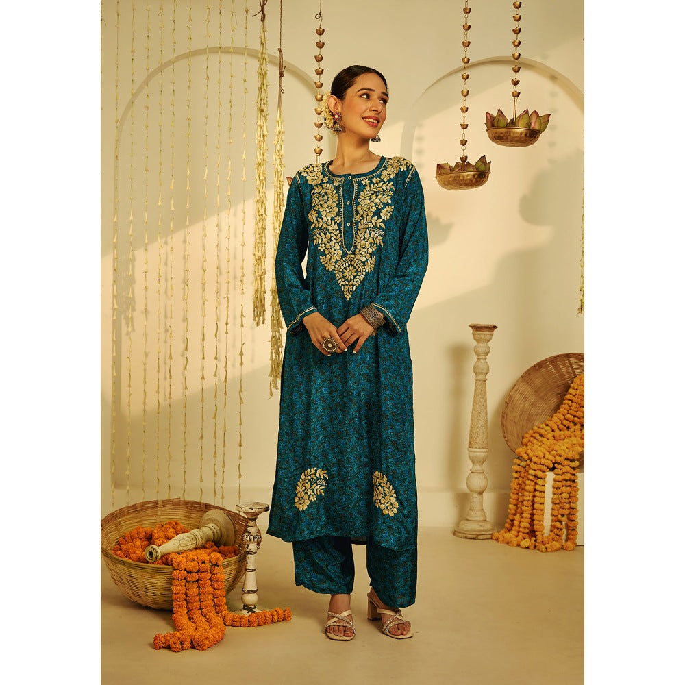 House of Chikankari Blue Arisha Chikankari Straight Kurta with Palazzo (Set of 2)