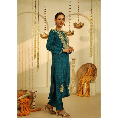 House of Chikankari Blue Arisha Chikankari Straight Kurta with Palazzo (Set of 2)