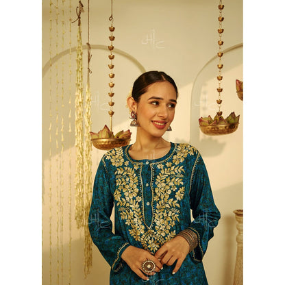 House of Chikankari Blue Arisha Chikankari Straight Kurta with Palazzo (Set of 2)