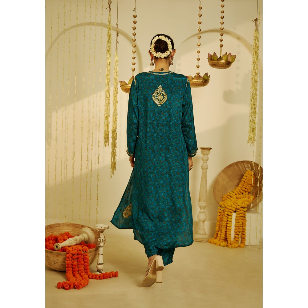 House of Chikankari Blue Arisha Chikankari Straight Kurta with Palazzo (Set of 2)