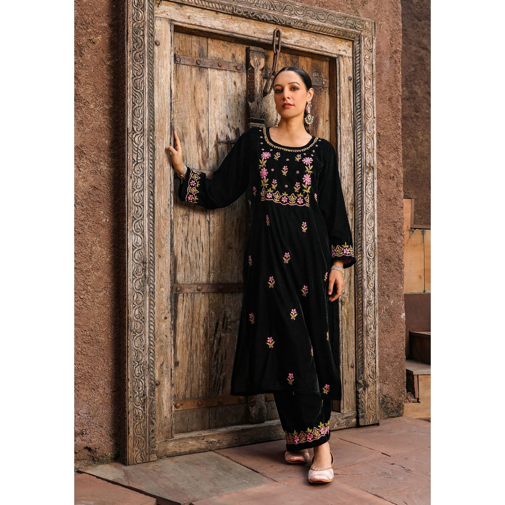 House of Chikankari Rumi Chikankari Velvet Black Straight Kurta with Palazzo (Set of 2)