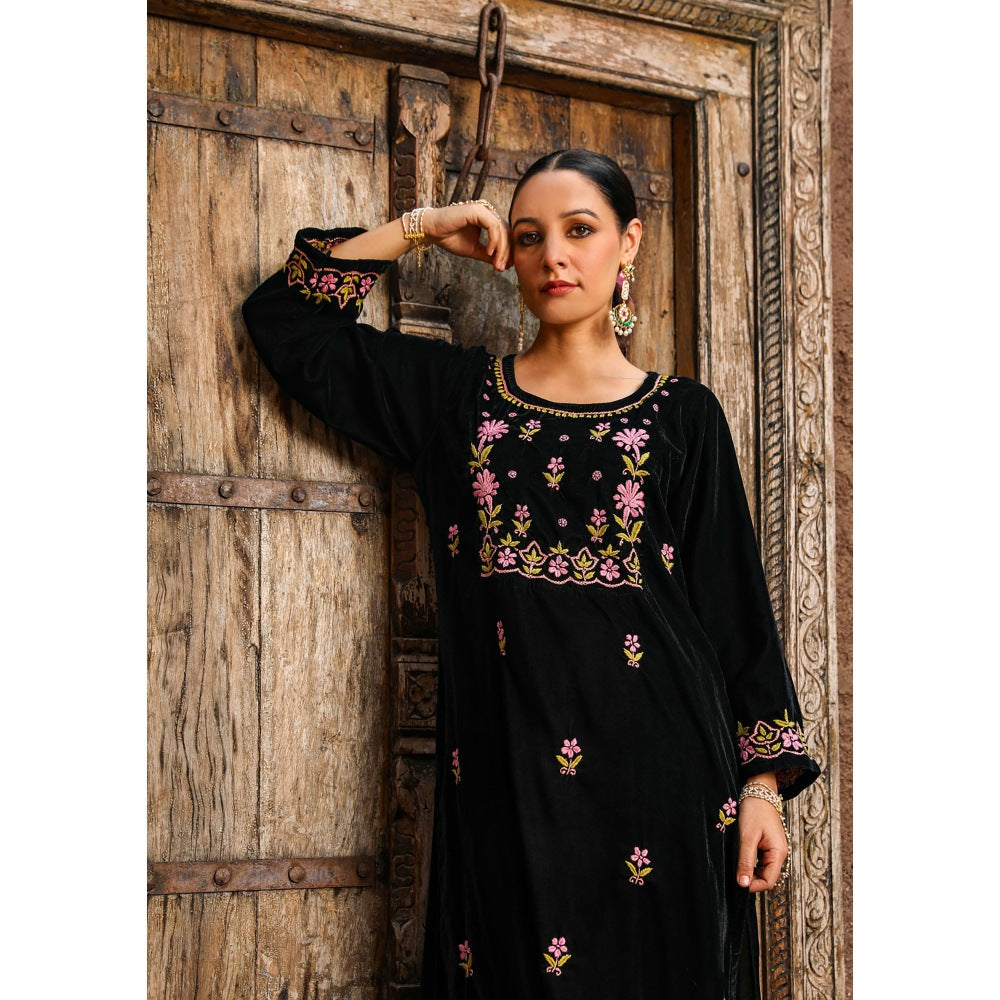 House of Chikankari Rumi Chikankari Velvet Black Straight Kurta with Palazzo (Set of 2)