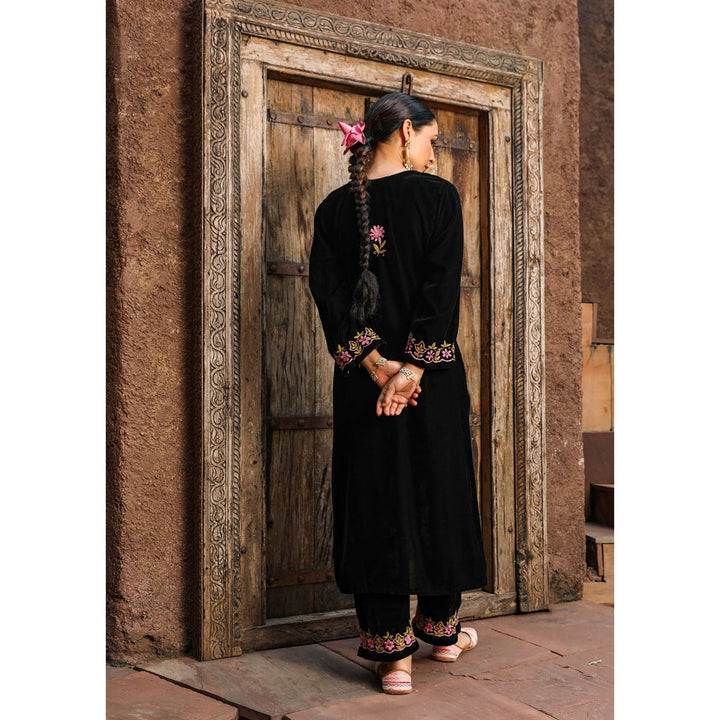 House of Chikankari Rumi Chikankari Velvet Black Straight Kurta with Palazzo (Set of 2)