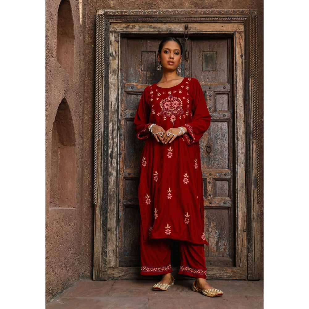 House of Chikankari Rumi Chikankari Velvet Maroon Straight Kurta with Palazzo (Set of 2)