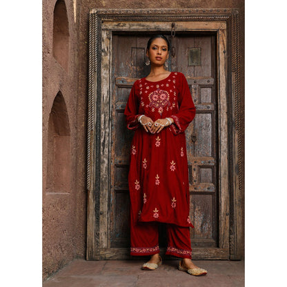 House of Chikankari Rumi Chikankari Velvet Maroon Straight Kurta with Palazzo (Set of 2)