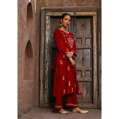 House of Chikankari Rumi Chikankari Velvet Maroon Straight Kurta with Palazzo (Set of 2)