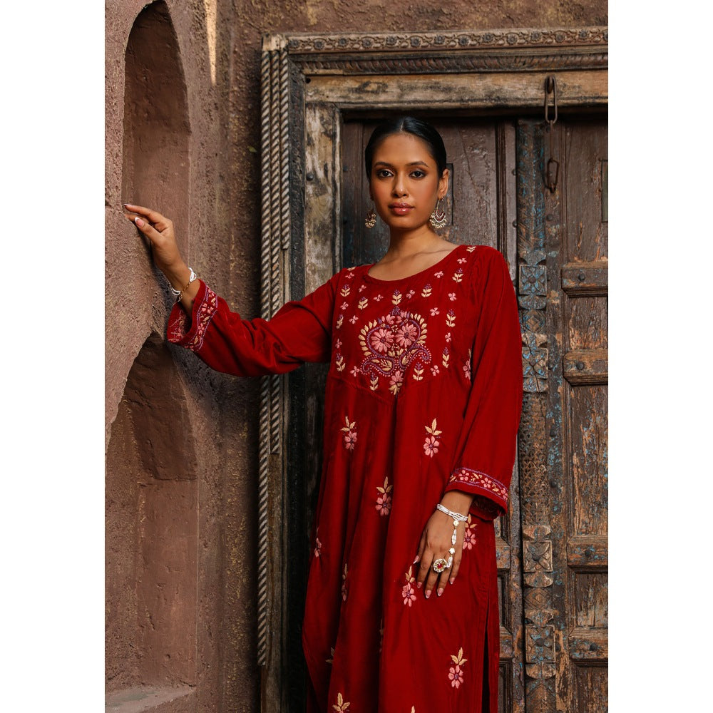 House of Chikankari Rumi Chikankari Velvet Maroon Straight Kurta with Palazzo (Set of 2)