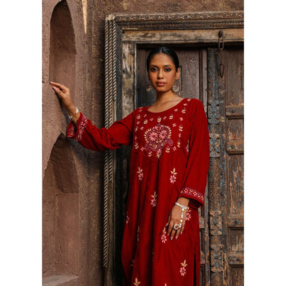 House of Chikankari Rumi Chikankari Velvet Maroon Straight Kurta with Palazzo (Set of 2)