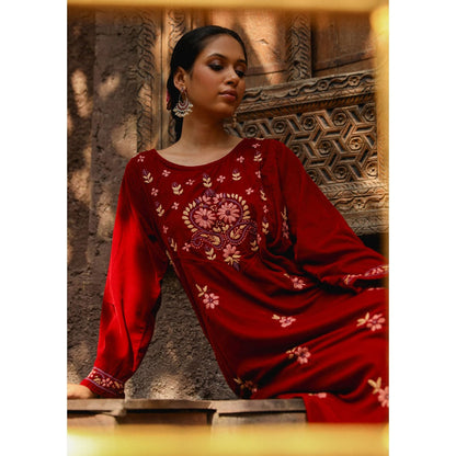 House of Chikankari Rumi Chikankari Velvet Maroon Straight Kurta with Palazzo (Set of 2)