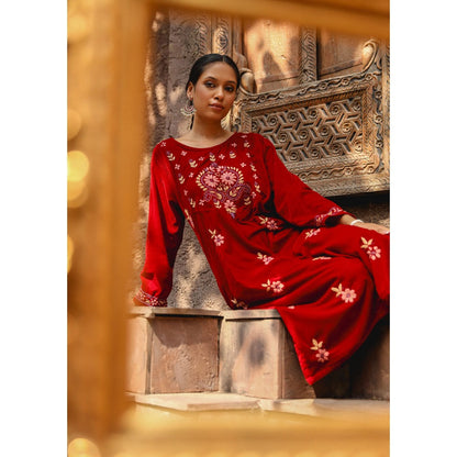House of Chikankari Rumi Chikankari Velvet Maroon Straight Kurta with Palazzo (Set of 2)