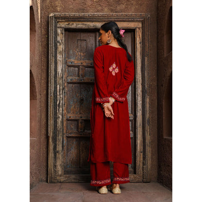 House of Chikankari Rumi Chikankari Velvet Maroon Straight Kurta with Palazzo (Set of 2)