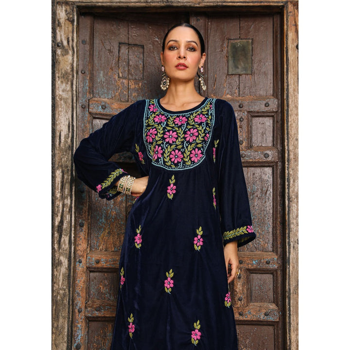 House of Chikankari Rumi Chikankari Velvet Navy Blue Straight Kurta with Palazzo (Set of 2)