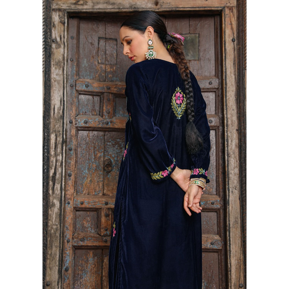 House of Chikankari Rumi Chikankari Velvet Navy Blue Straight Kurta with Palazzo (Set of 2)