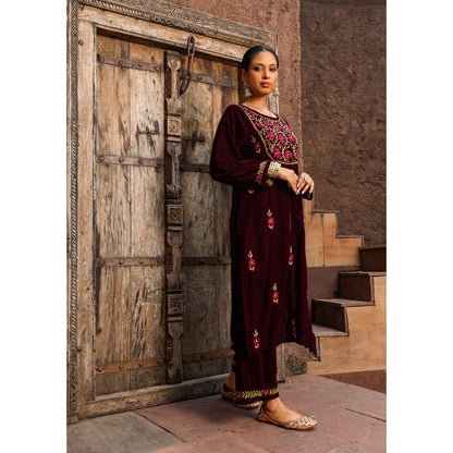 House of Chikankari Rumi Chikankari Velvet Purple Straight Kurta with Palazzo (Set of 2)