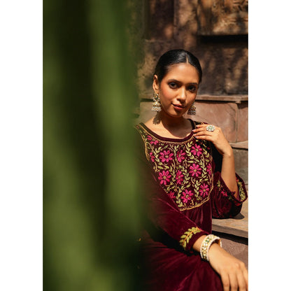 House of Chikankari Rumi Chikankari Velvet Purple Straight Kurta with Palazzo (Set of 2)