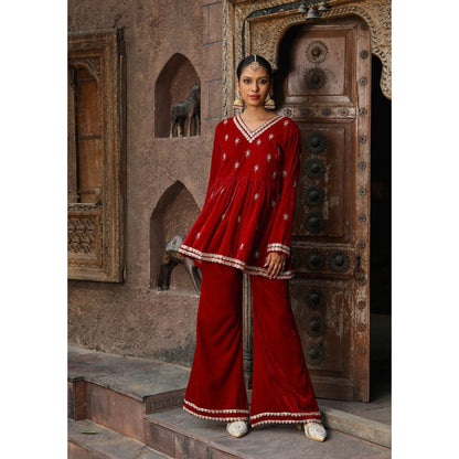 House of Chikankari Rumi Embroidered Velvet Maroon A-Line Kurti with Palazzo (Set of 2)