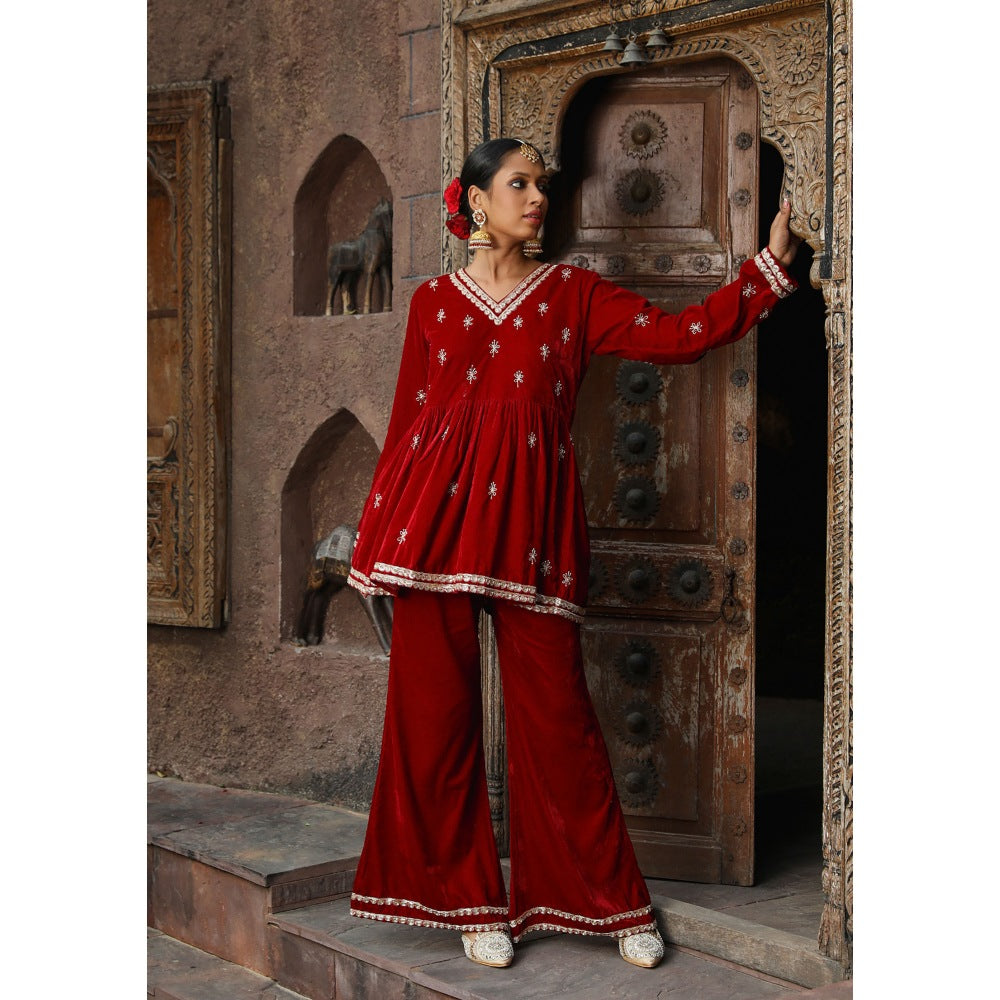 House of Chikankari Rumi Embroidered Velvet Maroon A-Line Kurti with Palazzo (Set of 2)