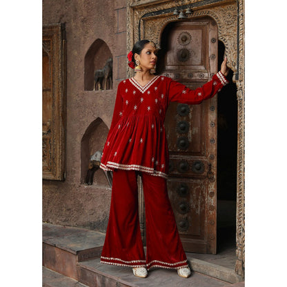 House of Chikankari Rumi Embroidered Velvet Maroon A-Line Kurti with Palazzo (Set of 2)