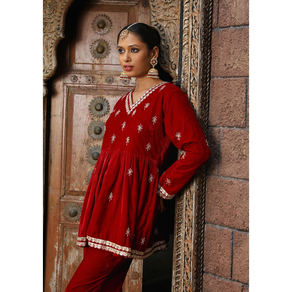 House of Chikankari Rumi Embroidered Velvet Maroon A-Line Kurti with Palazzo (Set of 2)