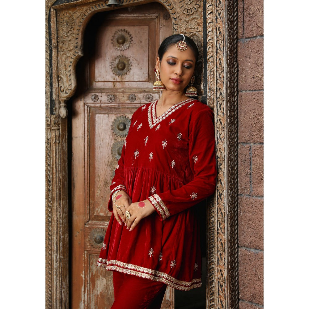 House of Chikankari Rumi Embroidered Velvet Maroon A-Line Kurti with Palazzo (Set of 2)