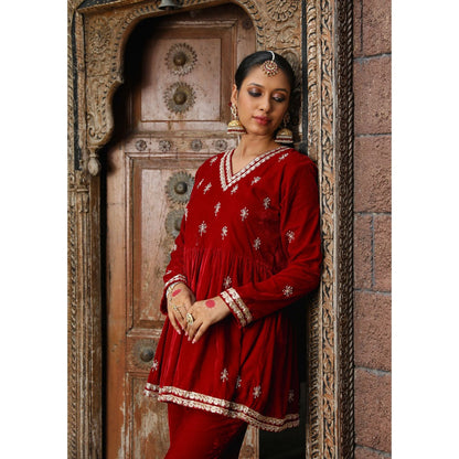 House of Chikankari Rumi Embroidered Velvet Maroon A-Line Kurti with Palazzo (Set of 2)