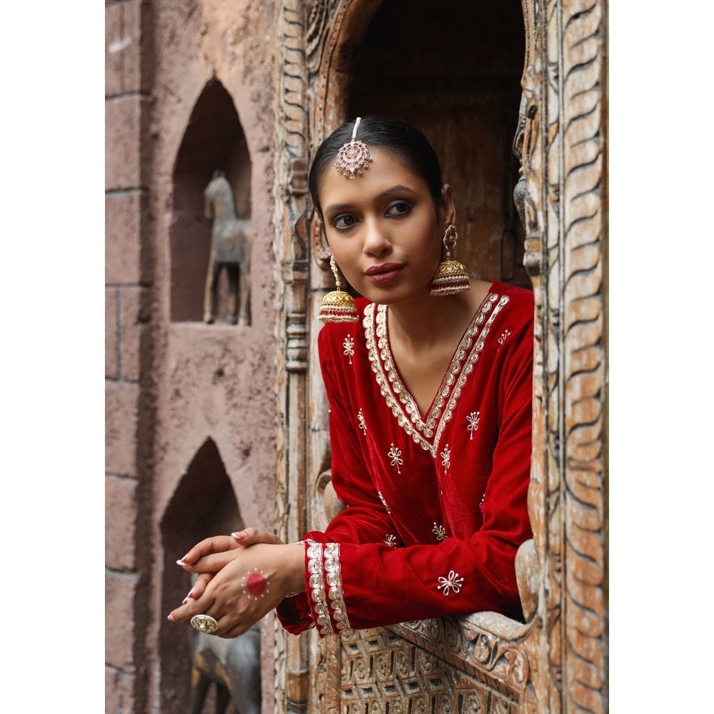 House of Chikankari Rumi Embroidered Velvet Maroon A-Line Kurti with Palazzo (Set of 2)