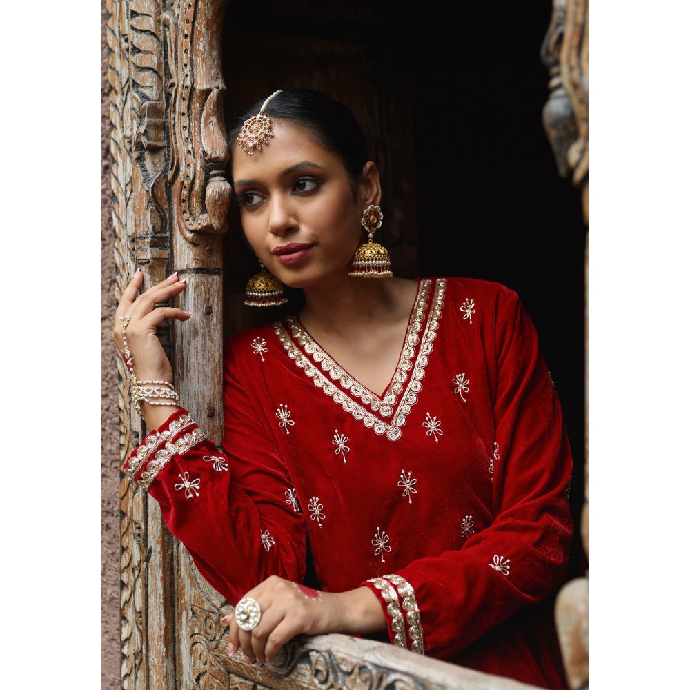House of Chikankari Rumi Embroidered Velvet Maroon A-Line Kurti with Palazzo (Set of 2)