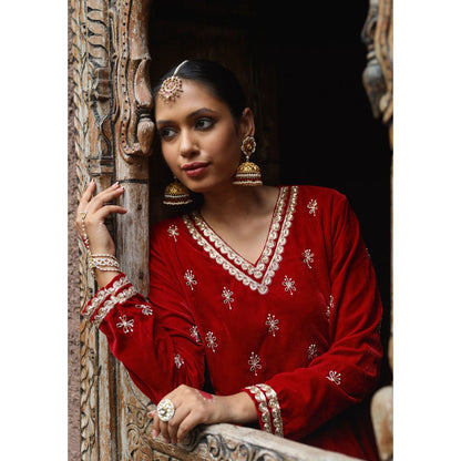House of Chikankari Rumi Embroidered Velvet Maroon A-Line Kurti with Palazzo (Set of 2)