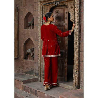 House of Chikankari Rumi Embroidered Velvet Maroon A-Line Kurti with Palazzo (Set of 2)