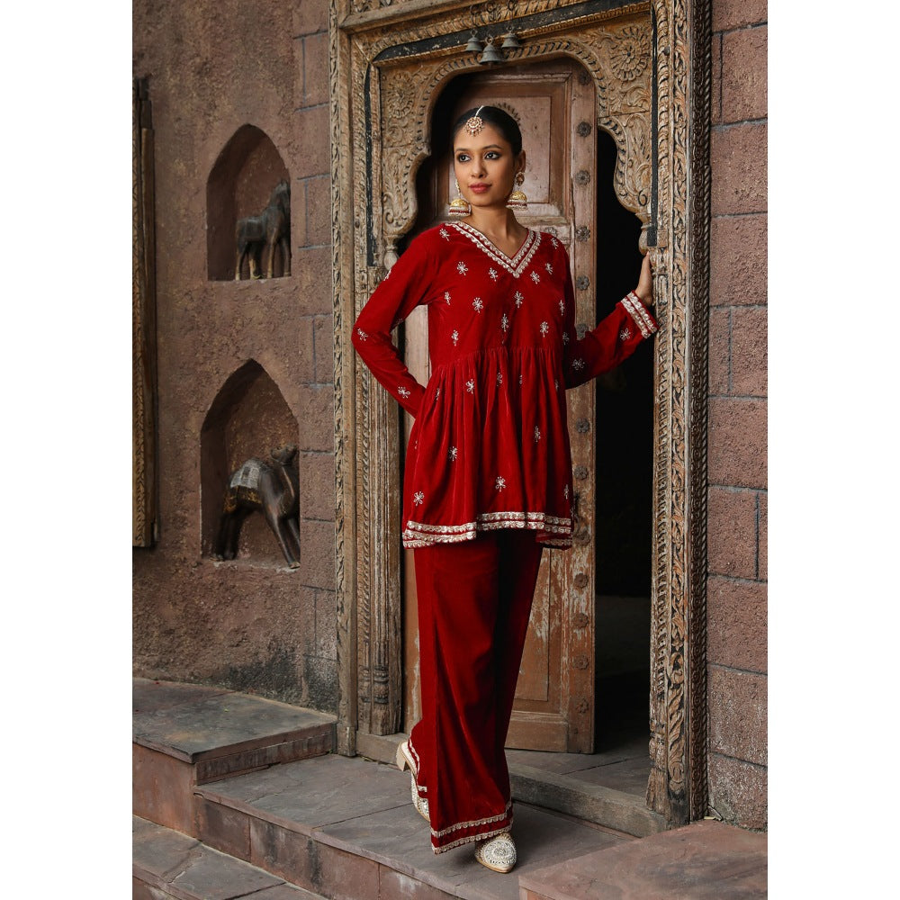 House of Chikankari Rumi Embroidered Velvet Maroon A-Line Kurti with Palazzo (Set of 2)