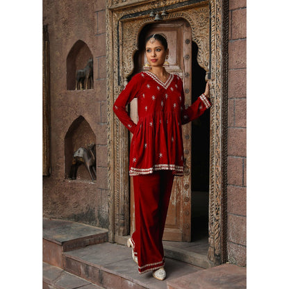 House of Chikankari Rumi Embroidered Velvet Maroon A-Line Kurti with Palazzo (Set of 2)