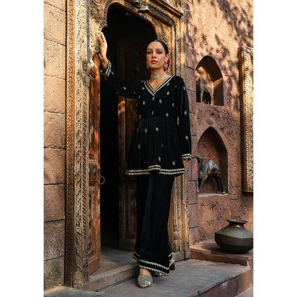 House of Chikankari Rumi Embroidered Velvet Black A-Line Kurti with Palazzo (Set of 2)