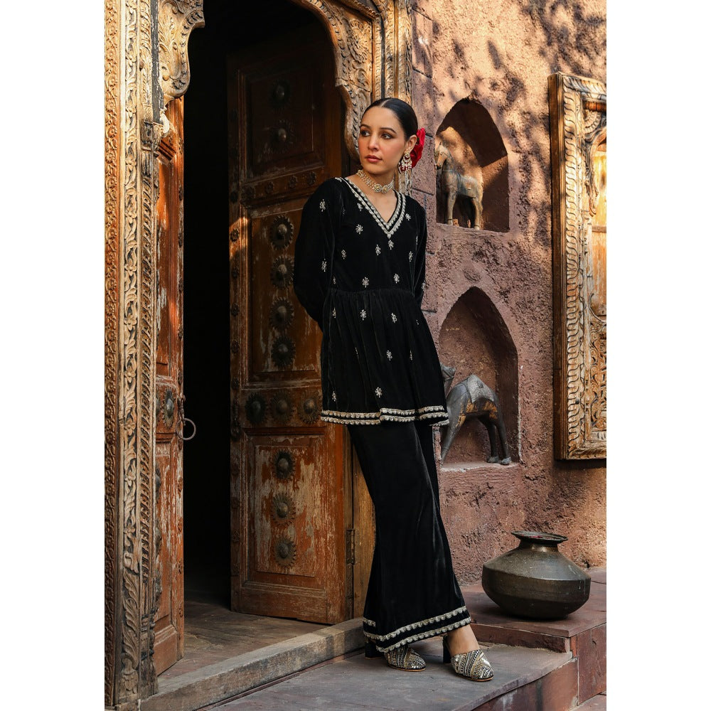 House of Chikankari Rumi Embroidered Velvet Black A-Line Kurti with Palazzo (Set of 2)