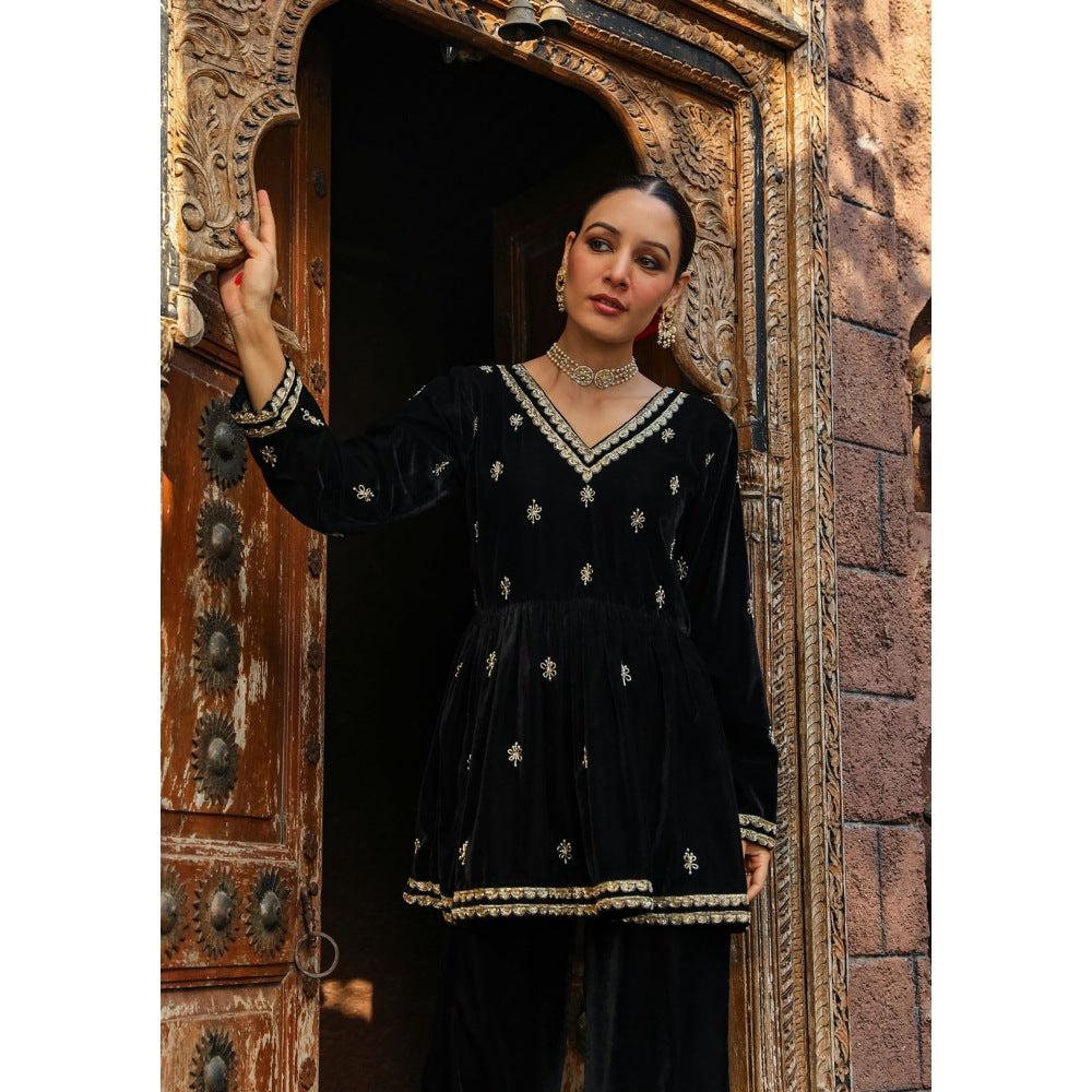 House of Chikankari Rumi Embroidered Velvet Black A-Line Kurti with Palazzo (Set of 2)