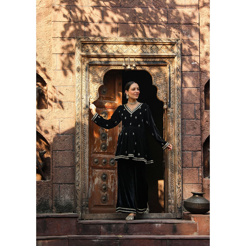 House of Chikankari Rumi Embroidered Velvet Black A-Line Kurti with Palazzo (Set of 2)