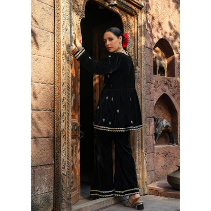 House of Chikankari Rumi Embroidered Velvet Black A-Line Kurti with Palazzo (Set of 2)