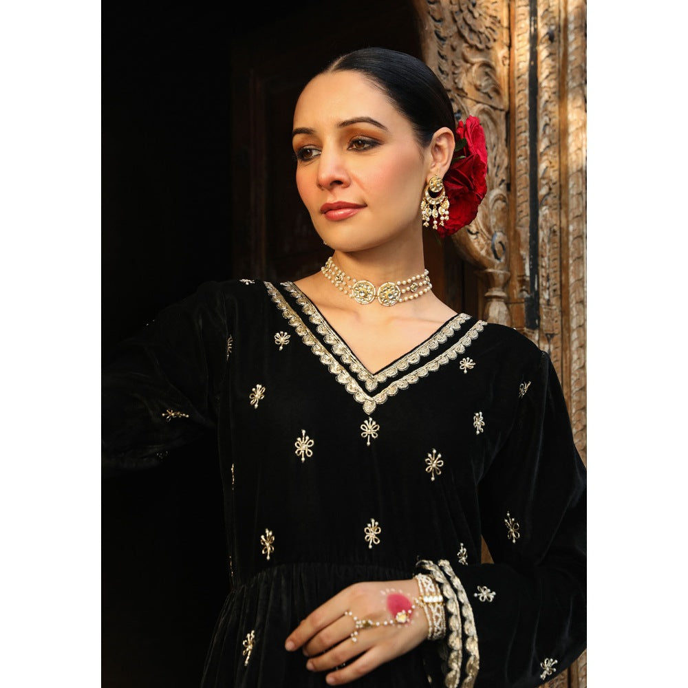 House of Chikankari Rumi Embroidered Velvet Black A-Line Kurti with Palazzo (Set of 2)