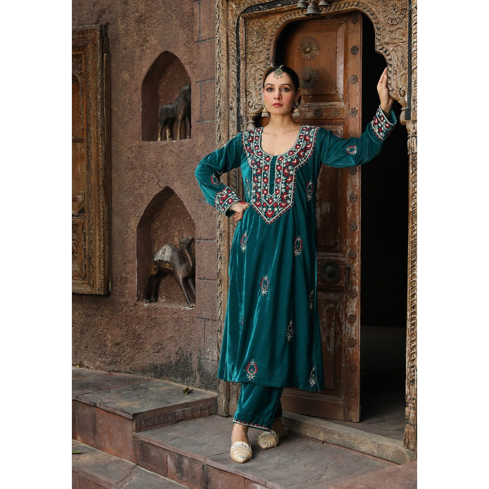 House of Chikankari Rumi Embroidered Velvet Teal Straight Kurta with Palazzo (Set of 2)