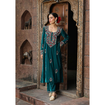House of Chikankari Rumi Embroidered Velvet Teal Straight Kurta with Palazzo (Set of 2)