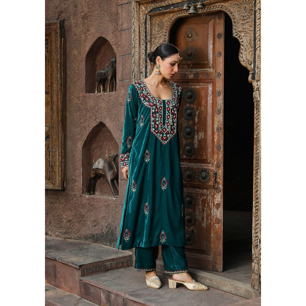 House of Chikankari Rumi Embroidered Velvet Teal Straight Kurta with Palazzo (Set of 2)