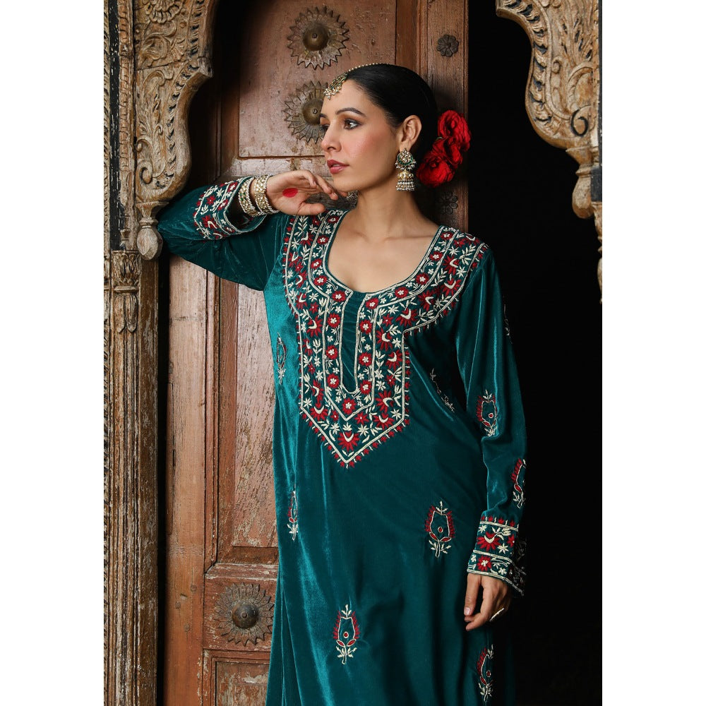 House of Chikankari Rumi Embroidered Velvet Teal Straight Kurta with Palazzo (Set of 2)