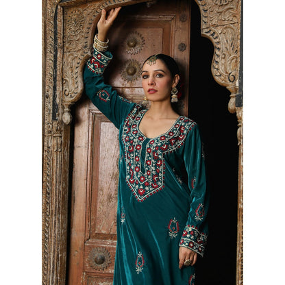 House of Chikankari Rumi Embroidered Velvet Teal Straight Kurta with Palazzo (Set of 2)