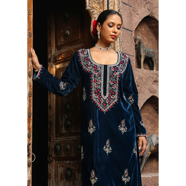 House of Chikankari Rumi Embroidered Velvet Blue Straight Kurta with Palazzo (Set of 2)