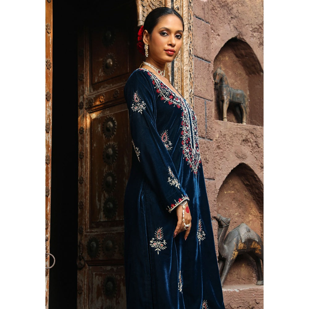 House of Chikankari Rumi Embroidered Velvet Blue Straight Kurta with Palazzo (Set of 2)