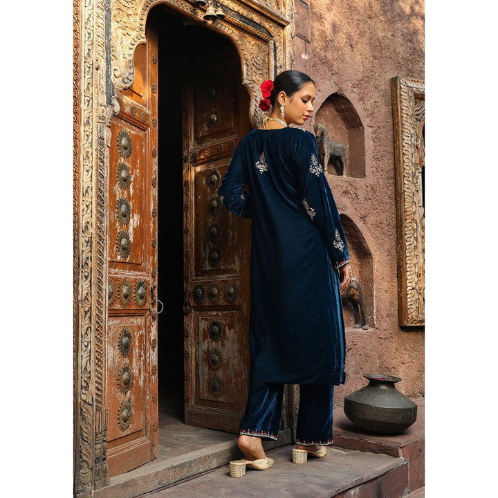 House of Chikankari Rumi Embroidered Velvet Blue Straight Kurta with Palazzo (Set of 2)