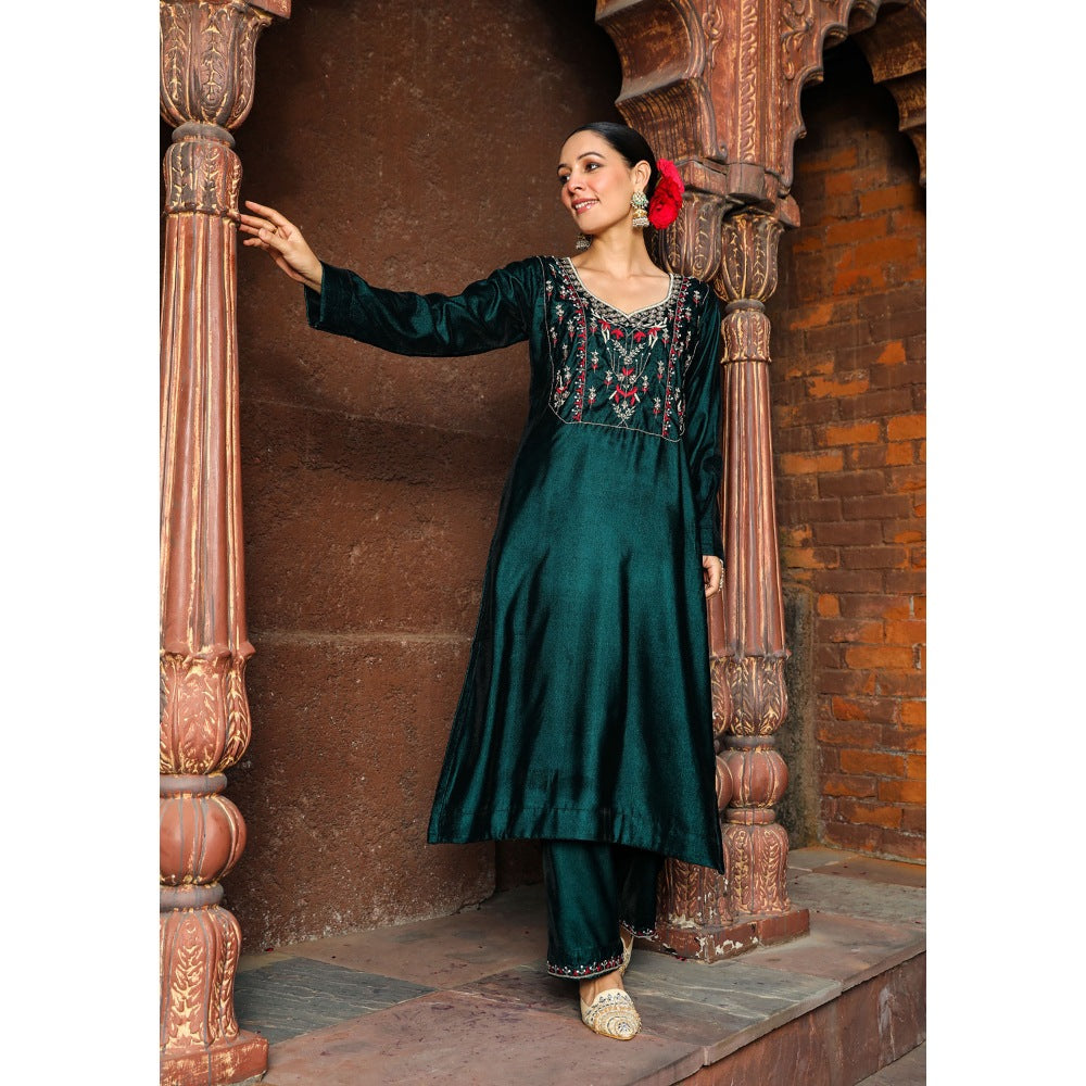 House of Chikankari Rumi Embroidered Velvet Green Straight Kurta with Palazzo (Set of 2)