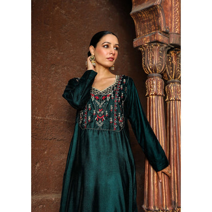 House of Chikankari Rumi Embroidered Velvet Green Straight Kurta with Palazzo (Set of 2)