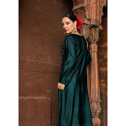 House of Chikankari Rumi Embroidered Velvet Green Straight Kurta with Palazzo (Set of 2)